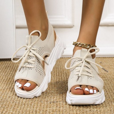 Women Casual Lace  up Comfy Knit Open Toe Platform Sandals