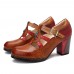 SOCOFY Vintage Hollow Out Chunky Heel Leather Pumps