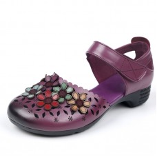 SOCOFY Colorful Flowers Decor Hollow Out Cowhide Leather Breathabel Non Slip Hook Loop Sandals