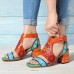 SOCOFY Pattern Hollow out Chunky Heel Hook Loop Leather Sandals