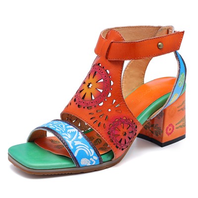 SOCOFY Pattern Hollow out Chunky Heel Hook Loop Leather Sandals