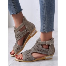 Plus Size Women Back  zip Soft Comfy Breathable Hollow Rhinestone Embellished Flat Sandals