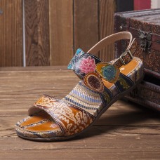 SOCOFY Retro Flower Printing Leather Comfy Flat Stripe Sandals